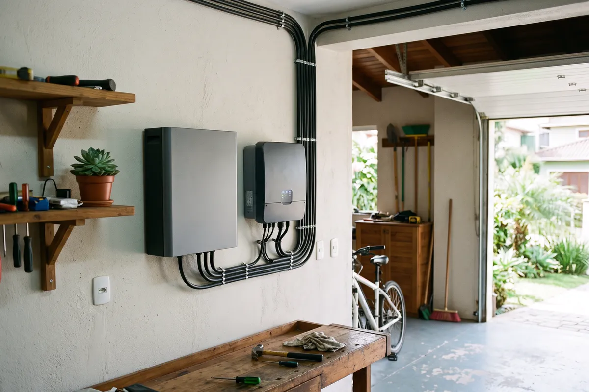 Bateria de armazenamento de energia solar instalada na parede de uma garagem, ao lado do inversor