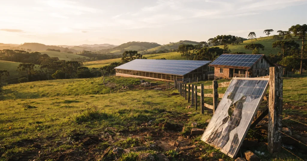 Telhados de aviário e casa rural cobertos de painéis solares no Oeste catarinense, com uma placa trincada encostada na cerca em primeiro plano