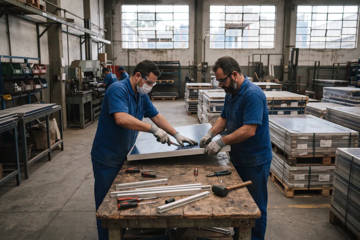 Trabalhadores retirando a moldura de alumínio de um painel solar numa recicladora, com painéis desativados empilhados em paletes